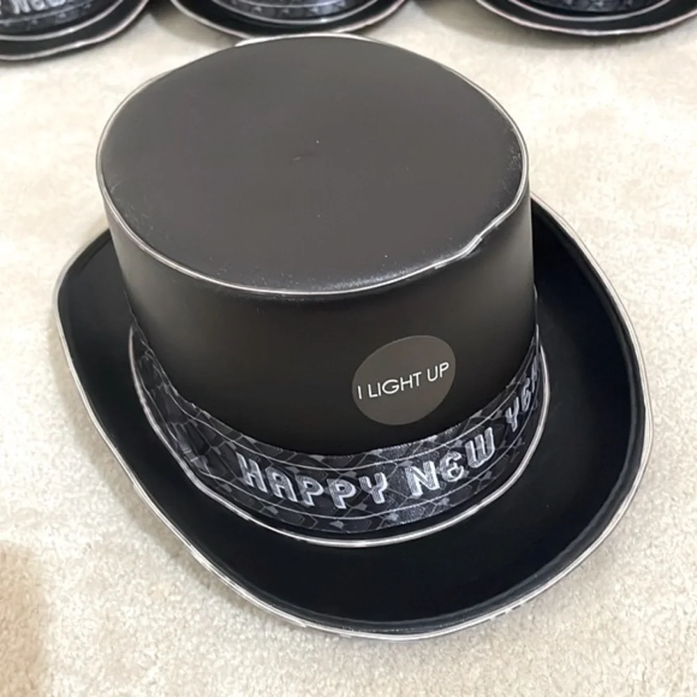 Lot of 6 NEW Happy New Year Light up top hats Black & Silver Celebration Party